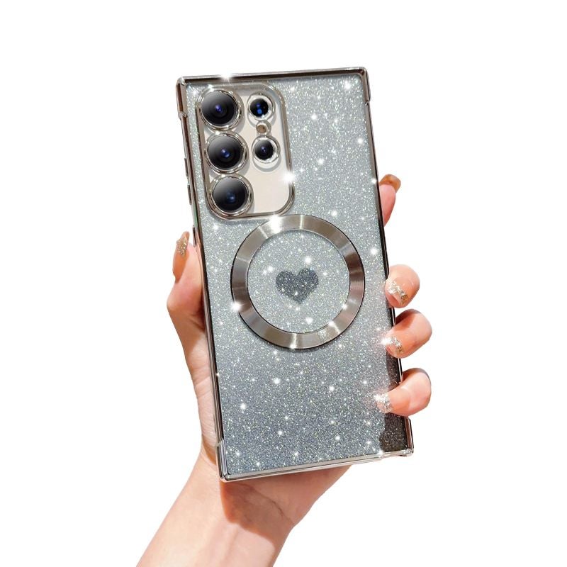 Galaxy S25 Ultra Case: Silver TPU Material - Strong Magnetic Compatibility Glitter Gradient Heart Design Full Camera Protection for Samsung Galaxy S25 Ultra Users - Image 1