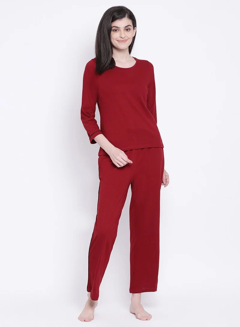 كلوفيا Clovia Chic Basic Top and Pyjama Set in Maroon- Cotton Rich