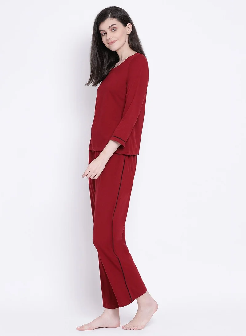 كلوفيا Clovia Chic Basic Top and Pyjama Set in Maroon- Cotton Rich