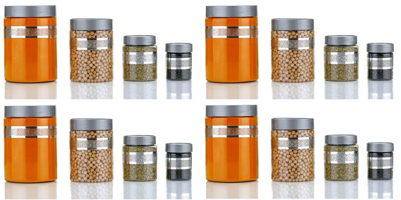 Entisia Kitchen Storage Box - Star Printed Plastic jar containers with Lid & Spoon, 1200ml, 650ml, 350ml & 250ml Food Storage Dabba Jars for Pulses, Snacks, Spices & Dry Fruits (Silver, 16pc) - Image 1