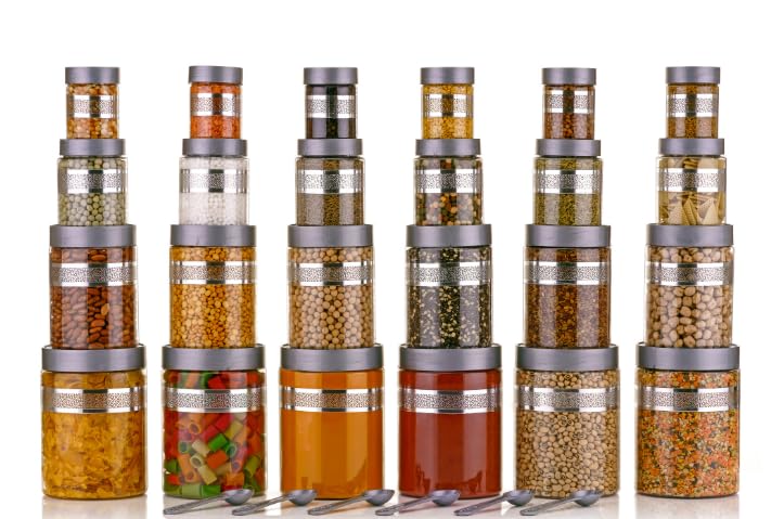 Entisia Kitchen Storage Box - Star Printed Plastic jar containers with Lid & Spoon, 1200ml, 650ml, 350ml & 250ml Food Storage Dabba Jars for Pulses, Snacks, Spices & Dry Fruits (Silver, 16pc) - Image 3