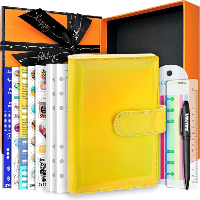 Zelten PU Leather Personal Notebook Planner with 80 Pages Loose-Leaf Papers 6 Holes Ring Binder Pen Holder Magnetic Buckle (Holographic Yellow, A6 Gift Box) - Image 1