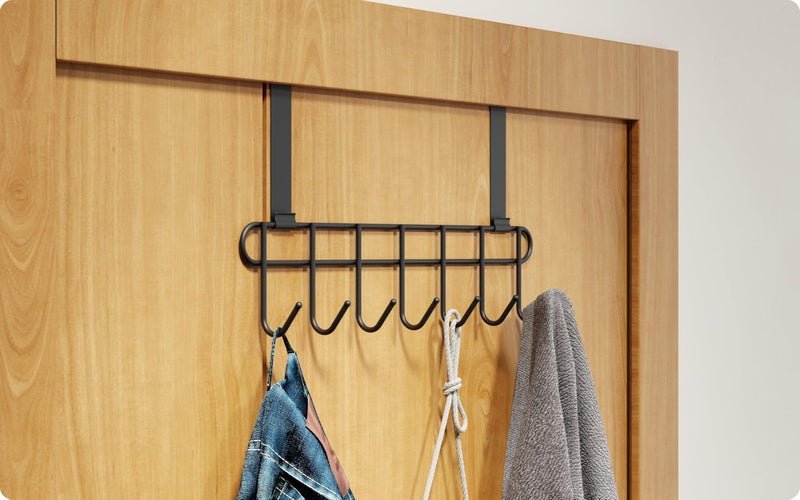 Amiraj Multi-Alloy Steel Over-The-Door Hook Hanger Rack | No Drilling Required, 7 Hooks for Bedroom, Bathroom & Kitchen Doors | Hanging Organizer, Black (Pack of 1) - Image 1
