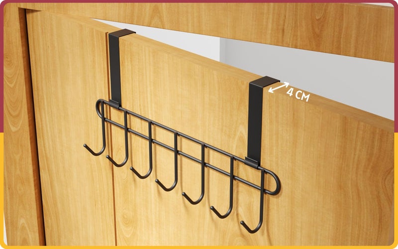 Amiraj Multi-Alloy Steel Over-The-Door Hook Hanger Rack | No Drilling Required, 7 Hooks for Bedroom, Bathroom & Kitchen Doors | Hanging Organizer, Black (Pack of 1) - Image 3