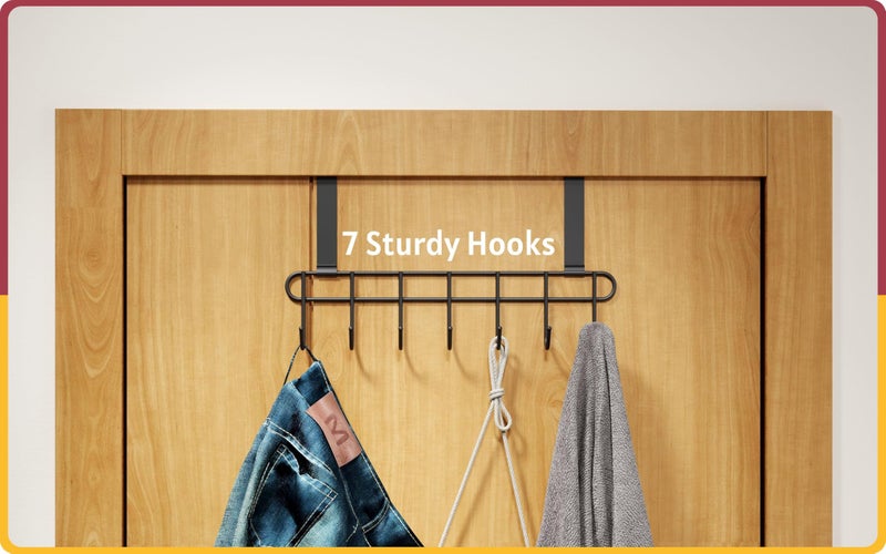 Amiraj Multi-Alloy Steel Over-The-Door Hook Hanger Rack | No Drilling Required, 7 Hooks for Bedroom, Bathroom & Kitchen Doors | Hanging Organizer, Black (Pack of 1) - Image 2
