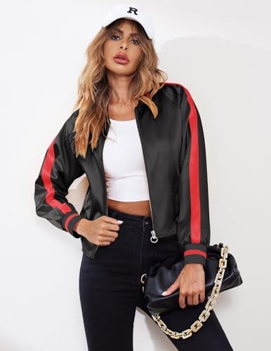 Zeagoo Jackets for Women Solid Striped Biker Jacket Zip Up Fashion Bomber Jacket Coat Black XLarge - Image 3
