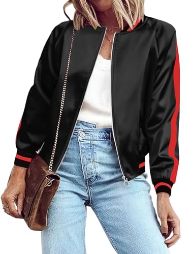Zeagoo Jackets for Women Solid Striped Biker Jacket Zip Up Fashion Bomber Jacket Coat Black XLarge - Image 1