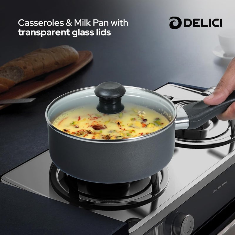 ديليتشي مجموعة أدوات الطهي غير اللاصقة من الألومنيوم مكونة من 8 قطع، حزمة أساسية للمطبخ مع أغطية زجاجية مقواة، 2 طاجن بغطاء، قدر بغطاء، مقلاة وملعقة نايلون، آمنة للاستخدام في غسالة الأطباق، خالية من PFOA، (NCS8G) - Image 5