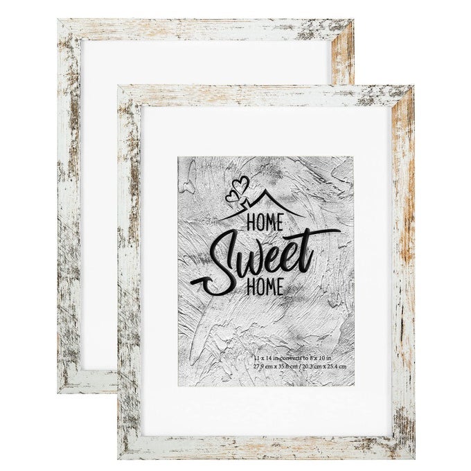 RUSTIC WHITE 11X14 PICTURE FRAME DISPLAY PHOTOS 8X10 WITH MAT OR 11X14 WITHOUT MAT HD GLASS INSIDE SET OF 2