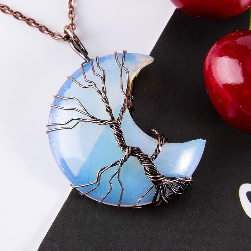 Bivei Life Tree Crescent Moon Necklaces for Women, Copper Wire Wrap Gemstones Pendant Crystals and Natural Stones Necklace Witch Jewellery - Image 2