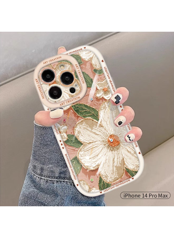Inkaida Yingkaida Iphone 14 Pro Max Case, Full Protection Shockproof Anti-fingerprint Cover For Men And Women, Protective Case With Puff Shell And Oil Painting Camellia Design - Image 1