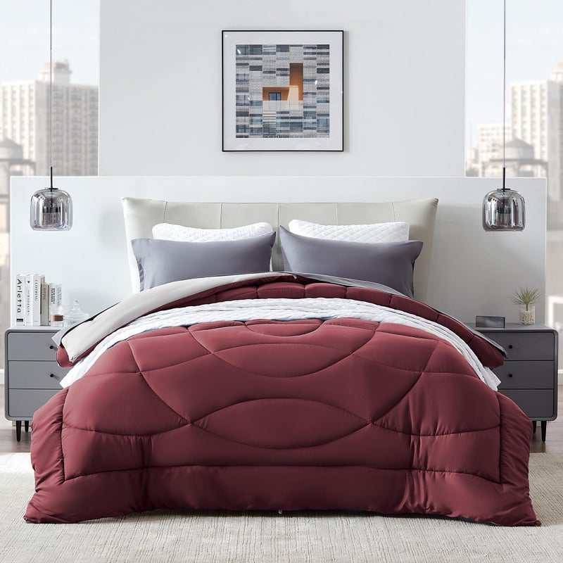 SLEEP ZONE Comforter Duvet Insert Queen Size Quilted Reversible Comforters Soft All Season Duvet Down Alternative Breathable Bedding with 8 tabs 2 Sides Burgundy Gray 88 x 88 Inches