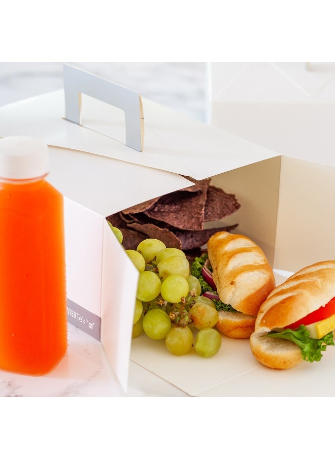 Restaurantware Cater Tek 9 x 7 x 4 Inch Disposable Lunch Boxes, 100 Deep Food Boxes - With Handle, Grease-Resistant, White and Gray Paper To Go Boxes, For Meals, Treats, Goodies, or Party Favors  - Image 3