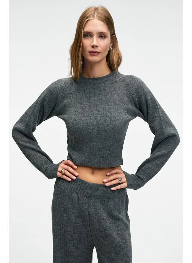 Grimelange  MARIPOSA Women's Round Neck Stripe Pattern Crop Wide Leg Knit Anthracite Top-Set. for Women | Best Price UAE