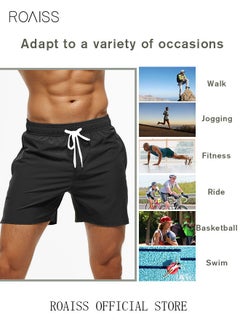 roaiss Men's Swimming Trunks Beachwear Quick Dry Beach Pants Gym Wear Fitness Workout Short for Men Breathable Elastic Adjustable Sports Running Boxer Swim Shorts Swimsuit with Pockets Summer Black  - Image 5