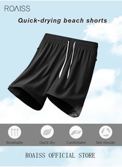 roaiss Men's Swimming Trunks Beachwear Quick Dry Beach Pants Gym Wear Fitness Workout Short for Men Breathable Elastic Adjustable Sports Running Boxer Swim Shorts Swimsuit with Pockets Summer Black  - Image 3