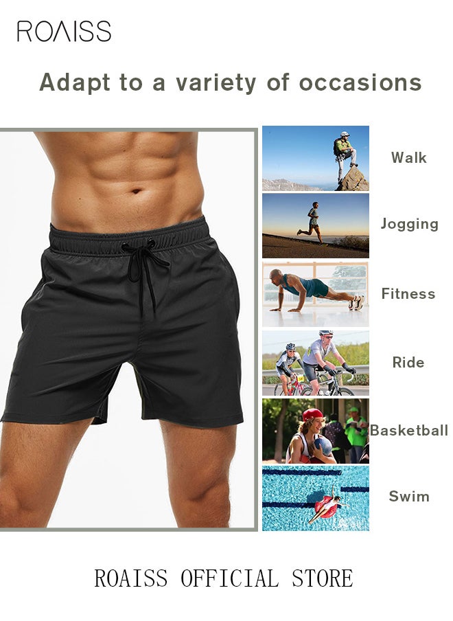 roaiss - Men's Swimming Trunks Beachwear Quick Dry Beach Pants Gym Wear Fitness Workout Short for Men Breathable Elastic Adjustable Sports Running Boxer Swim Shorts Swimsuit with Pockets Summer Black - Image 1