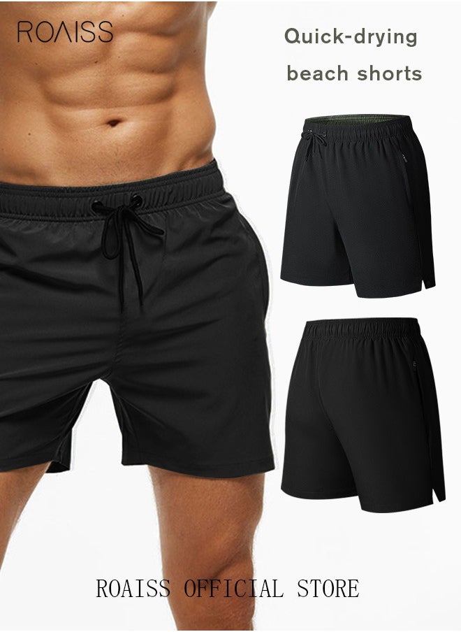 roaiss Men's Swimming Trunks Beachwear Quick Dry Beach Pants Gym Wear Fitness Workout Short for Men Breathable Elastic Adjustable Sports Running Boxer Swim Shorts Swimsuit with Pockets Summer Black  - Image 1