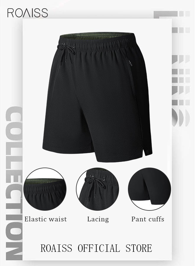 roaiss Men's Swimming Trunks Beachwear Quick Dry Beach Pants Gym Wear Fitness Workout Short for Men Breathable Elastic Adjustable Sports Running Boxer Swim Shorts Swimsuit with Pockets Summer Black  - Image 2