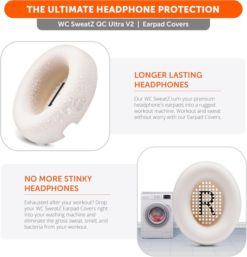 WC SweatZ QC Ultra - Protective Earpad Covers for Bose QuietComfort Ultra by Wicked Cushions | Sweatproof & Easily Washable | Does not fit any other Bose Headphones | White Smoke - Image 4