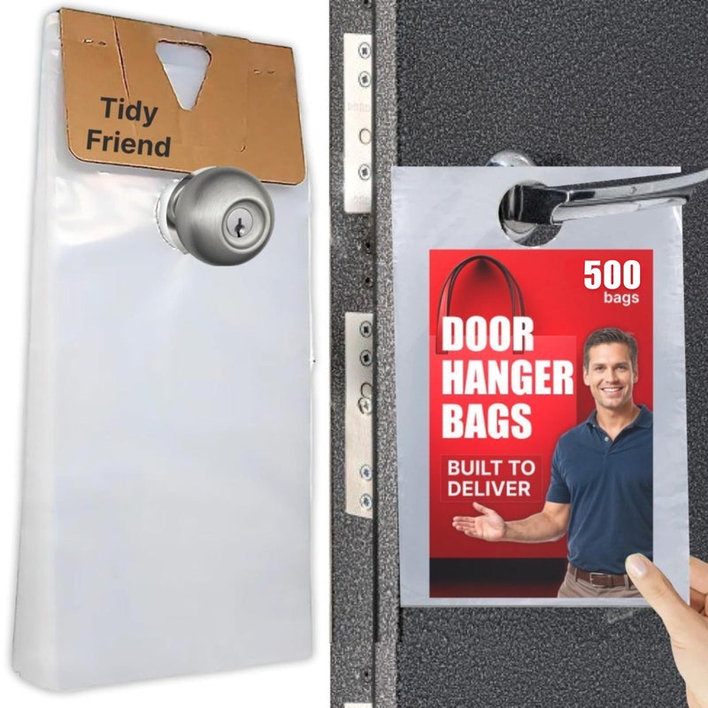 Skywin TidyFriend Plastic Door Hanger Bags 6â€ x 12â€ (500 Pack), Clear Door Hanger Bags Protects Flyers, Brochures, Notices, Printed Material - Waterproof and Secure Door Knob Hanger Bag for Outdoor Use - Image 1