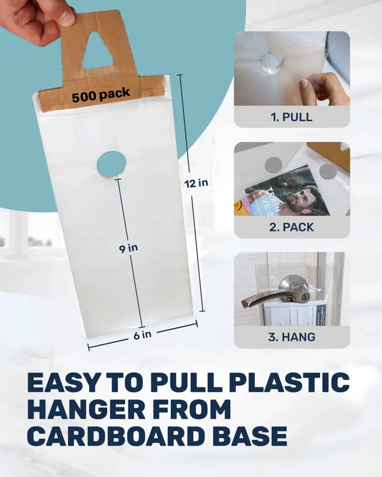 Skywin TidyFriend Plastic Door Hanger Bags 6â€ x 12â€ (500 Pack), Clear Door Hanger Bags Protects Flyers, Brochures, Notices, Printed Material - Waterproof and Secure Door Knob Hanger Bag for Outdoor Use - Image 2