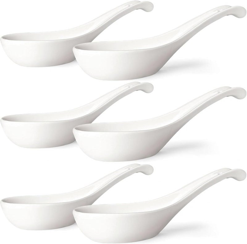 Wareland Asian Soup Spoons Set of 6, Ceramic Chinese Soup Spoons 7 Inch Japanese Spoon for Ramen Pho Dumpling Miso Wonton Noodles | Long Handle Flat Bottom Deep Oval Hook Design | White - Image 1