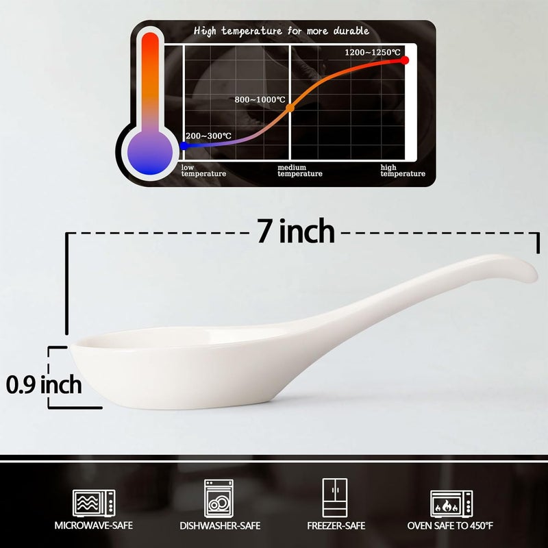 Wareland Asian Soup Spoons Set of 6, Ceramic Chinese Soup Spoons 7 Inch Japanese Spoon for Ramen Pho Dumpling Miso Wonton Noodles | Long Handle Flat Bottom Deep Oval Hook Design | White - Image 5