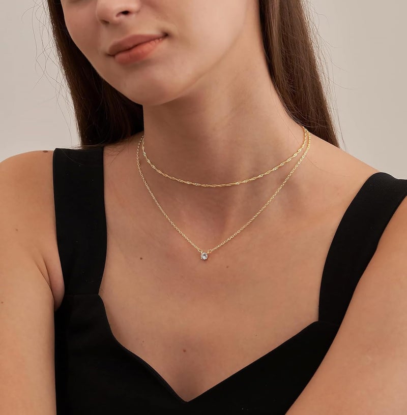 Tewiky Gold Layered Necklace with Dainty Diamond Plated CZ Solitaire Pendant - Image 3