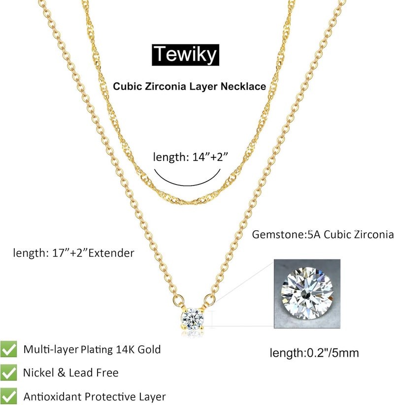 Tewiky Gold Layered Necklace with Dainty Diamond Plated CZ Solitaire Pendant - Image 4