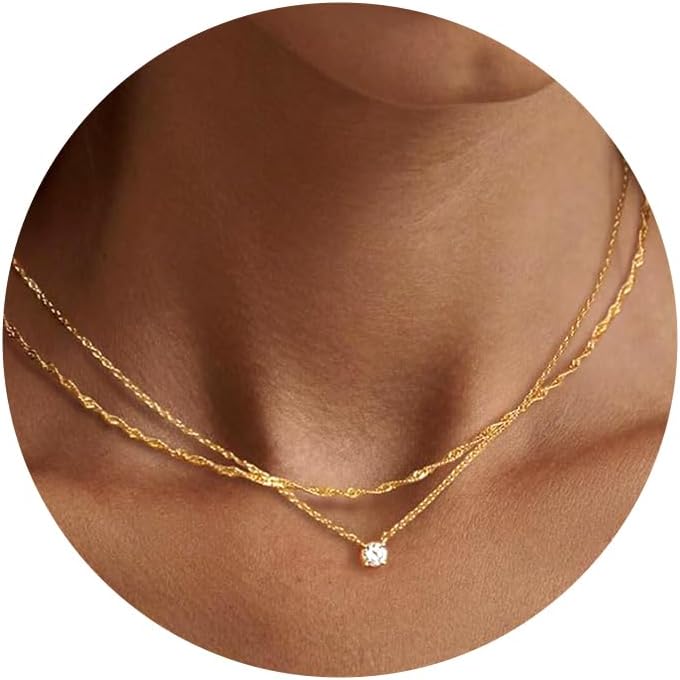 Tewiky Gold Layered Necklace with Dainty Diamond Plated CZ Solitaire Pendant - Image 1