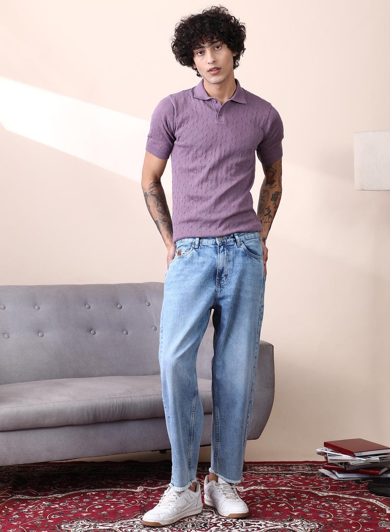 Campus Sutra Men's Light Blue Unhemmed Light-Wash Denim Jeans For Casual Wear | Mid-Rise | Straight Fit | Button Closure | Denim Jeans Crafted With Comfort Fit For Everyday Wear