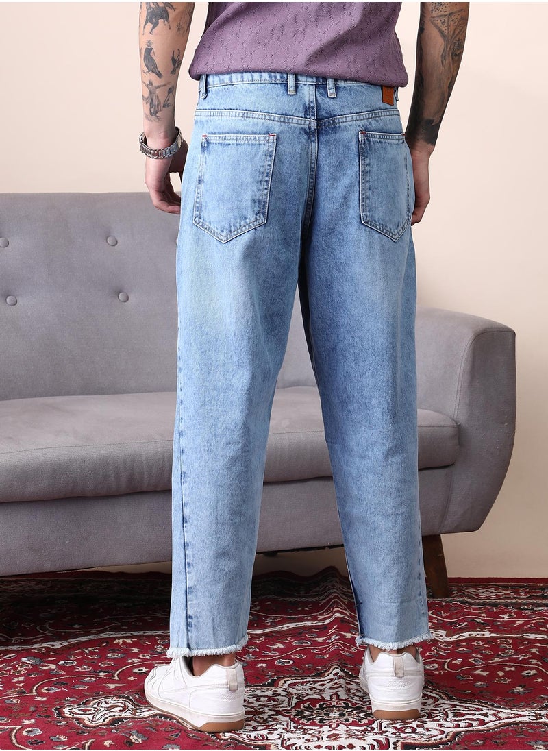 Campus Sutra Campus Sutra Men's Light Blue Unhemmed Light-Wash Denim Jeans For Casual Wear | Mid-Rise | Straight Fit | Button Closure | Denim Jeans Crafted With Comfort Fit For Everyday Wear  - Image 5