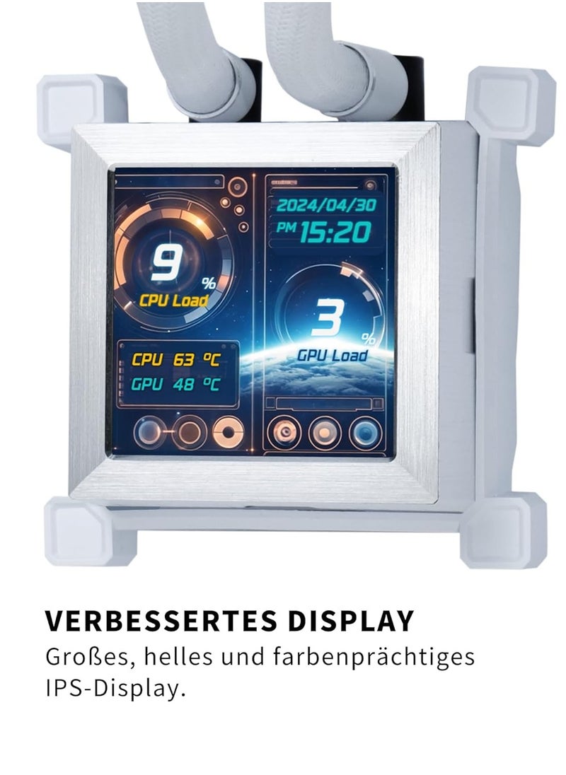 Hydroshift 360 AIO - Pre-Installed 3 x ARGB Fans - Side-Mounted Coolant Pathway - 2.88” LCD Screen - 480 × 480 Resolution - Captured Screenshots or Recorded Videos