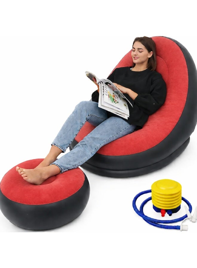 كرسي أريكة قابل للنفخ مع مسند للقدمين - كرسي استرخاء هوائي مريح مع مسند للقدمين | مقعد استرخاء محمول من مادة PVC المخملية للاستخدام الداخلي والخارجي والتخييم والاسترخاء - Image 5