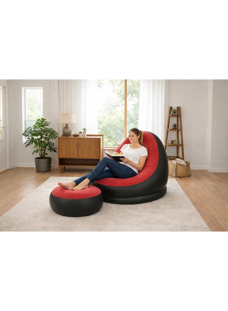 كرسي أريكة قابل للنفخ مع مسند للقدمين - كرسي استرخاء هوائي مريح مع مسند للقدمين | مقعد استرخاء محمول من مادة PVC المخملية للاستخدام الداخلي والخارجي والتخييم والاسترخاء - Image 1