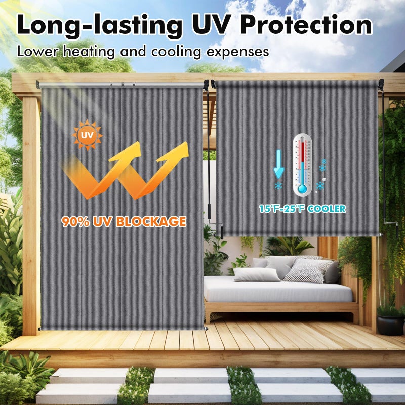 Artpuch Outdoor Roller Shade 8' W x 8' H, Gray Exterior Cordless Patio Shades Roll Up Blinds with Spliced Pole Design, (2 Poles, One-Piece Fabric) - Image 2