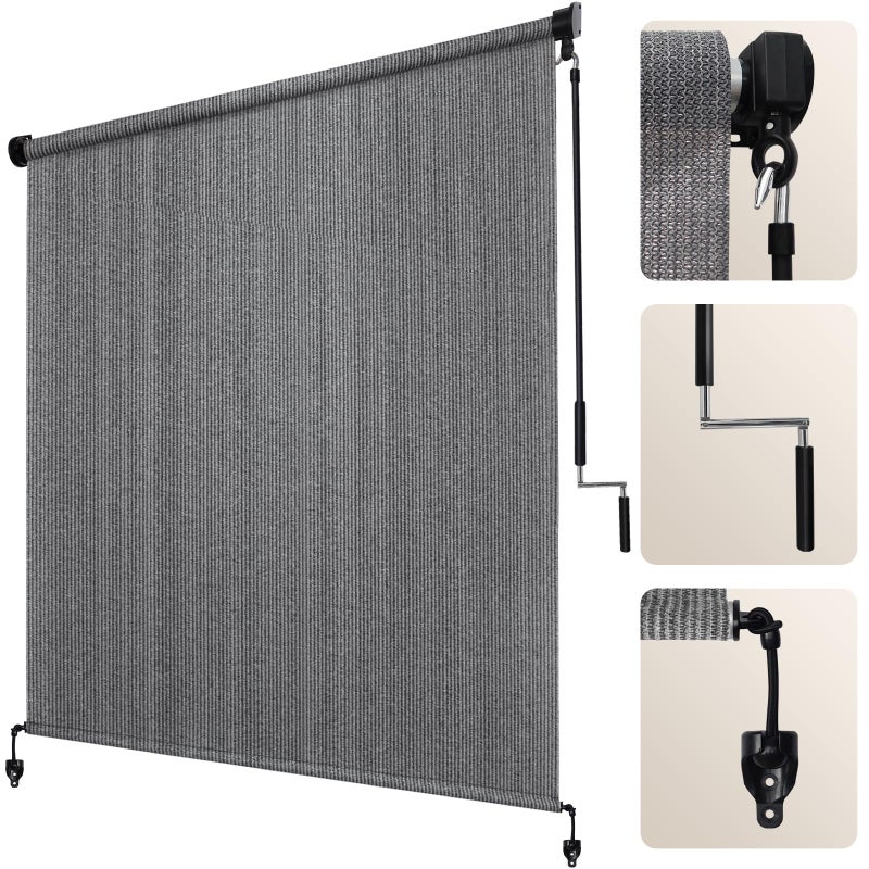 Artpuch Outdoor Roller Shade 8' W x 8' H, Gray Exterior Cordless Patio Shades Roll Up Blinds with Spliced Pole Design, (2 Poles, One-Piece Fabric) - Image 1
