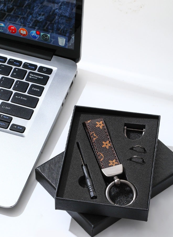 KeyAmor Elegant metal and leather keychain car keyholder Stylish car keychain with 3 key rings perfect as a  gift or car accessories  brown colour and comes in a  gift box.  - Image 2