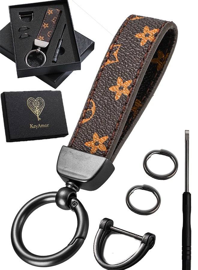 KeyAmor Elegant metal and leather keychain car keyholder Stylish car keychain with 3 key rings perfect as a  gift or car accessories  brown colour and comes in a  gift box.  - Image 1