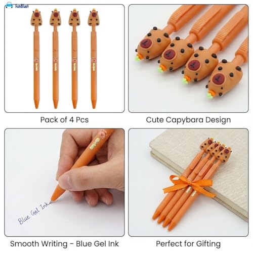 FunBlast Gel Pens for Writing, 5 Pcs Gel Pen & 1 Pcs Highlighter Pen, with Comfortable Grip for Smooth Writing, Kawaii Pens, Stationery for School & Office (Blue Ink) (Capybara) - Image 5
