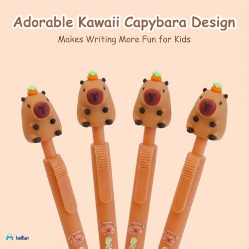 FunBlast Gel Pens for Writing, 5 Pcs Gel Pen & 1 Pcs Highlighter Pen, with Comfortable Grip for Smooth Writing, Kawaii Pens, Stationery for School & Office (Blue Ink) (Capybara) - Image 2