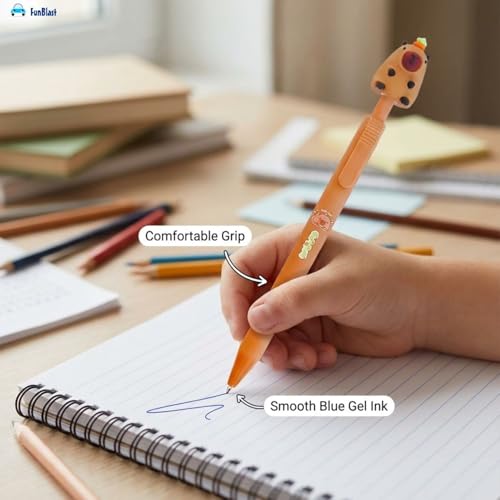 FunBlast Gel Pens for Writing, 5 Pcs Gel Pen & 1 Pcs Highlighter Pen, with Comfortable Grip for Smooth Writing, Kawaii Pens, Stationery for School & Office (Blue Ink) (Capybara) - Image 4