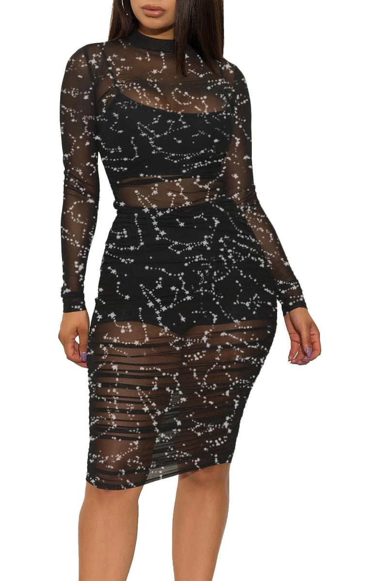 LYANER Women's Mesh Dress Long Sleeve Bodycon 3 Piece Outfits with Cami Shorts Glitter Black Medium - Image 1