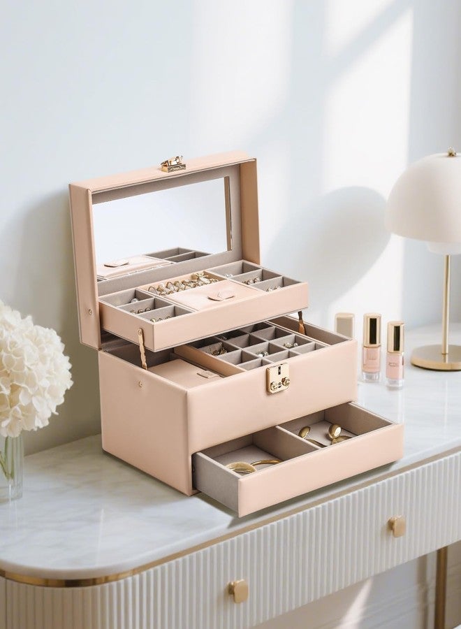 CASEGRACE Jewelry Organizer Box,3 Layers Leather Jewelry Storage Case with Portable Jewelry Case, Removable Jewelry Tray, Home and Travels Storage,Gift for Women (pink) - Image 2