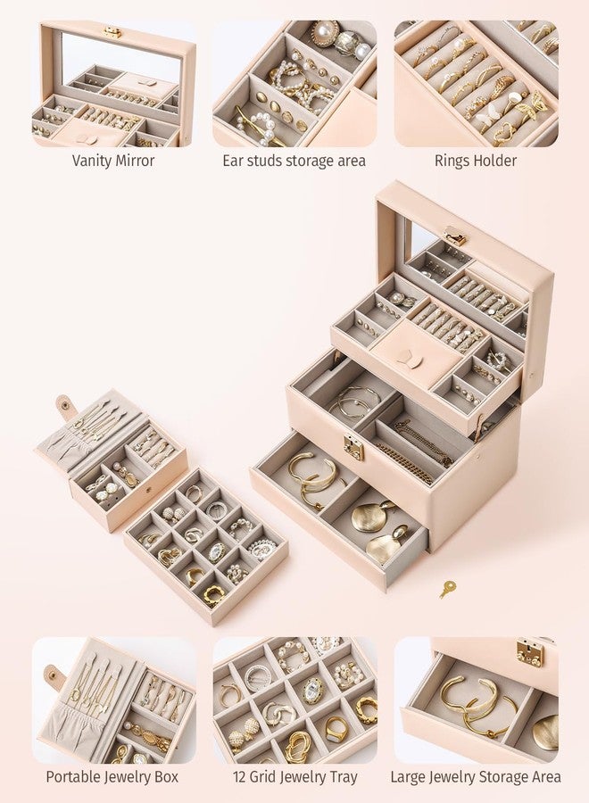 CASEGRACE Jewelry Organizer Box,3 Layers Leather Jewelry Storage Case with Portable Jewelry Case, Removable Jewelry Tray, Home and Travels Storage,Gift for Women (pink) - Image 5