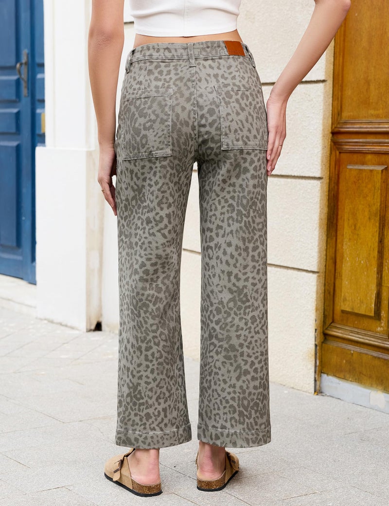luvamia Wide Leg Jeans Woman Trendy High Waisted Leopard Cheetah Print Ankle Length Stretchy Denim Pants with Pockets Gray Leopard Size Large US Size 12 14 - Image 4