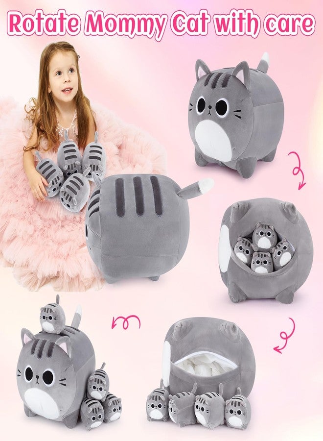 Auspicious beginning 5 PCS Grey Cat Plush Stuffed Animal Family-19" Large Grey Cat Plush, Cat Mommy Cat with 4 Baby Kittens Cat Plushies for Kids, Kawaii Cat Plush Toy Christmas Birthday Gifts for Kids Boys Girls - Image 2