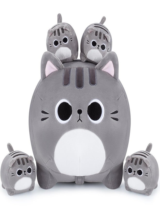 Auspicious beginning 5 PCS Grey Cat Plush Stuffed Animal Family-19" Large Grey Cat Plush, Cat Mommy Cat with 4 Baby Kittens Cat Plushies for Kids, Kawaii Cat Plush Toy Christmas Birthday Gifts for Kids Boys Girls - Image 1