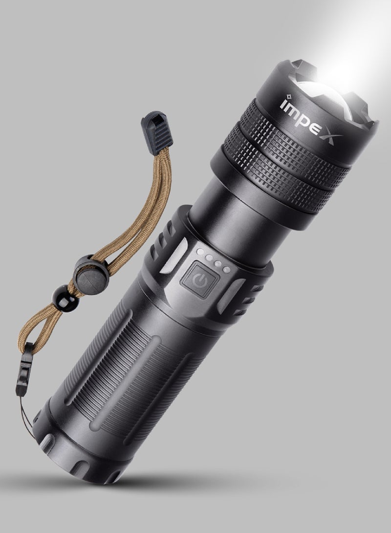 Impex Rechargeable Flashlight | 20W Laser LED | 6600mAh Li-ion Battery | Aircraft Non-Corrosive Aluminum Body | In-Built Power Bank | Focus Adjustable Head | Type C | 2 Operation Modes | 1000 Meters Range  - Image 2